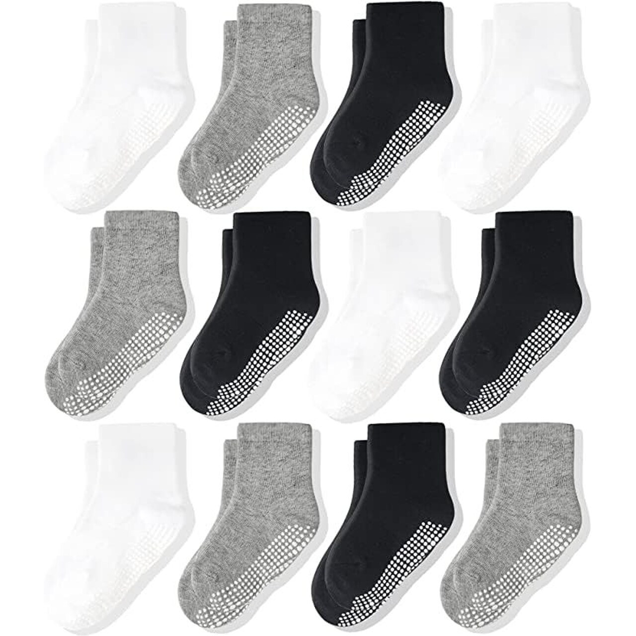 CozyWay Kids Crew Grip Socks - Non-Slip Grip for Toddler Socks - Soft Cotton Comfort & Grippy Style for Toddlers - Reinforced Toe for Boys - 7-9T, Black/White/Gray, Pack of 12